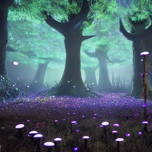 Prompt: a forest of magic mushrooms, trending on artststion, by unreal engine. hyperdetailed, realistic, psychedelic, night