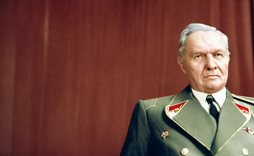 Prompt: 50s movie still close-up portrait of an elder soviet general in a empty stalinist hall, by David Bailey, Cinestill 800t 50mm eastmancolor, heavy grainy picture, very detailed, high quality, 4k, HD criterion, precise texture and facial expression