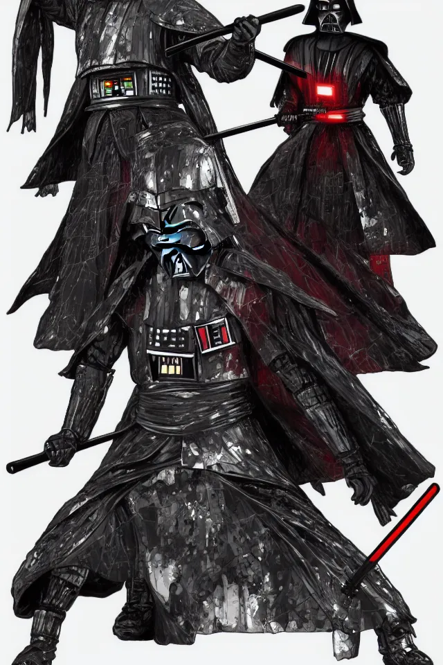 Prompt: Samurai Darth Vader, Full Figure, Yasushi Nirasawa Cartoon Anime Style