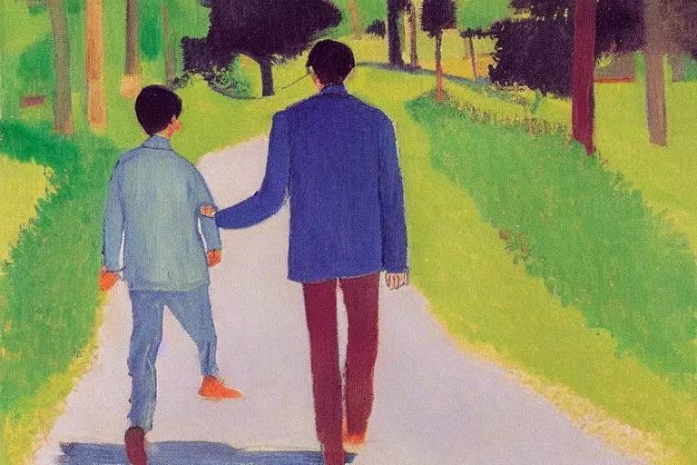 Image similar to a very tall man with dark hair holding the hands of a short young boy with dark hair as they walk down a suburban highway on a bright beautiful colorful day. part in the style of an edgar degas painting. part in the style of david hockney