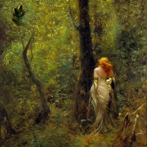 Image similar to humanoid and in a forest, art by gaston bussiere