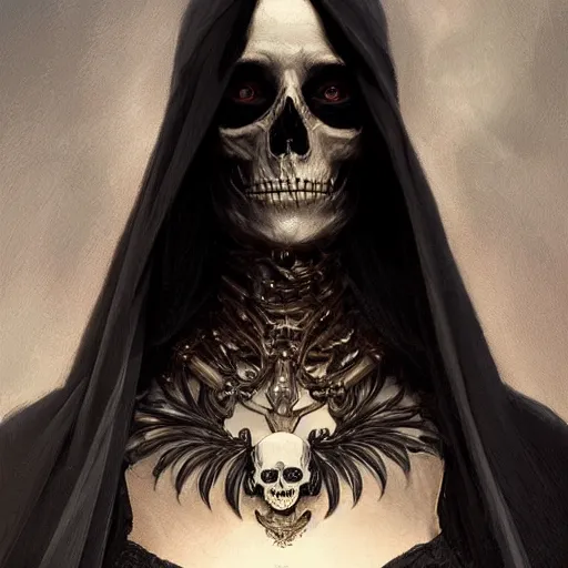 Image similar to portrait of a skeleton in black cloak, elegant, intricate, headshot, highly detailed, digital painting, artstation, concept art, sharp focus, illustration, art by artgerm and greg rutkowski and alphonse mucha