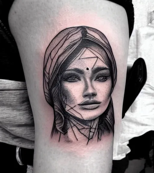 Image similar to amazing blend effect of beautiful mountain scenery with a beautiful woman face, tattoo design sketch, hyper - realistic, in the style of matteo pasqualin, amazing detail, black and white