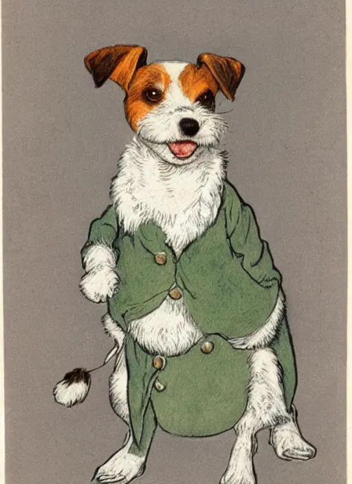 Prompt: portrait of jack russel terrier, illustrated by peggy fortnum and beatrix potter and sir john tenniel