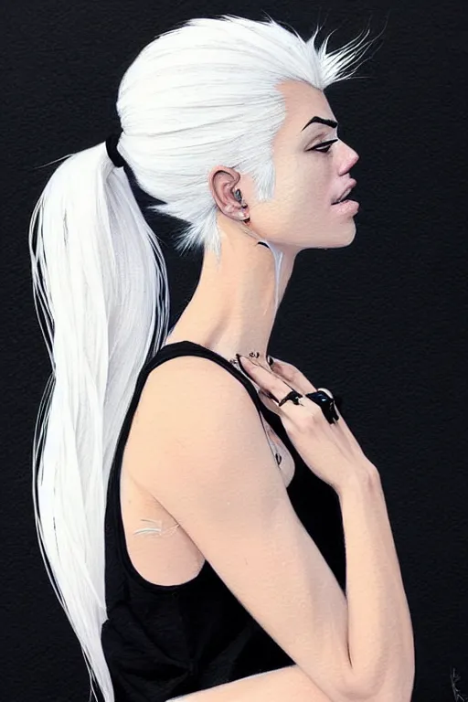 Image similar to a ultradetailed beautiful painting of a stylish woman in with white hair in a ponytail, she is wearing a black tank top and jeans, by conrad roset, greg rutkowski and makoto shinkai trending on artstation