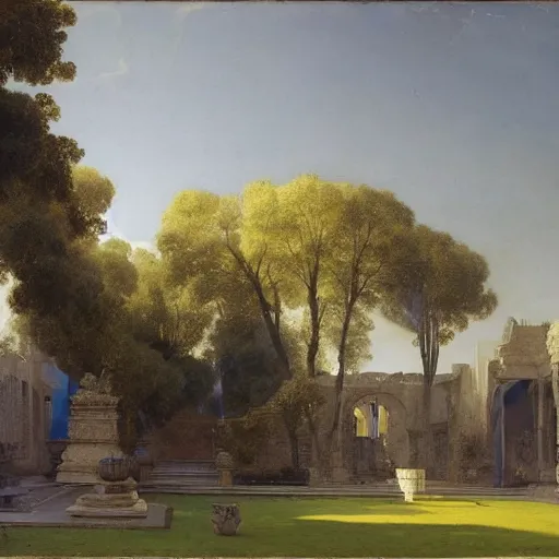 Prompt: gardens of marble ruins draped in flowing sheets of cobalt blue satin, silver and black and gold, by ivan aivazovsky and pieter claesz and paul delaroche and alma tadema and august malmstrom and and willen claesz heda and aelbert cuyp and gerard ter borch, hyperrealistic, volumetric light, rendered in octane, c 4 d