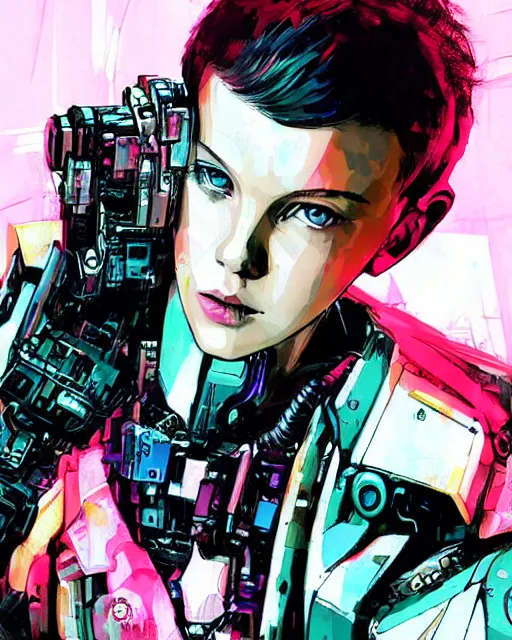 Image similar to cyberpunk millie bobby brown as a robot by yoji shinkawa