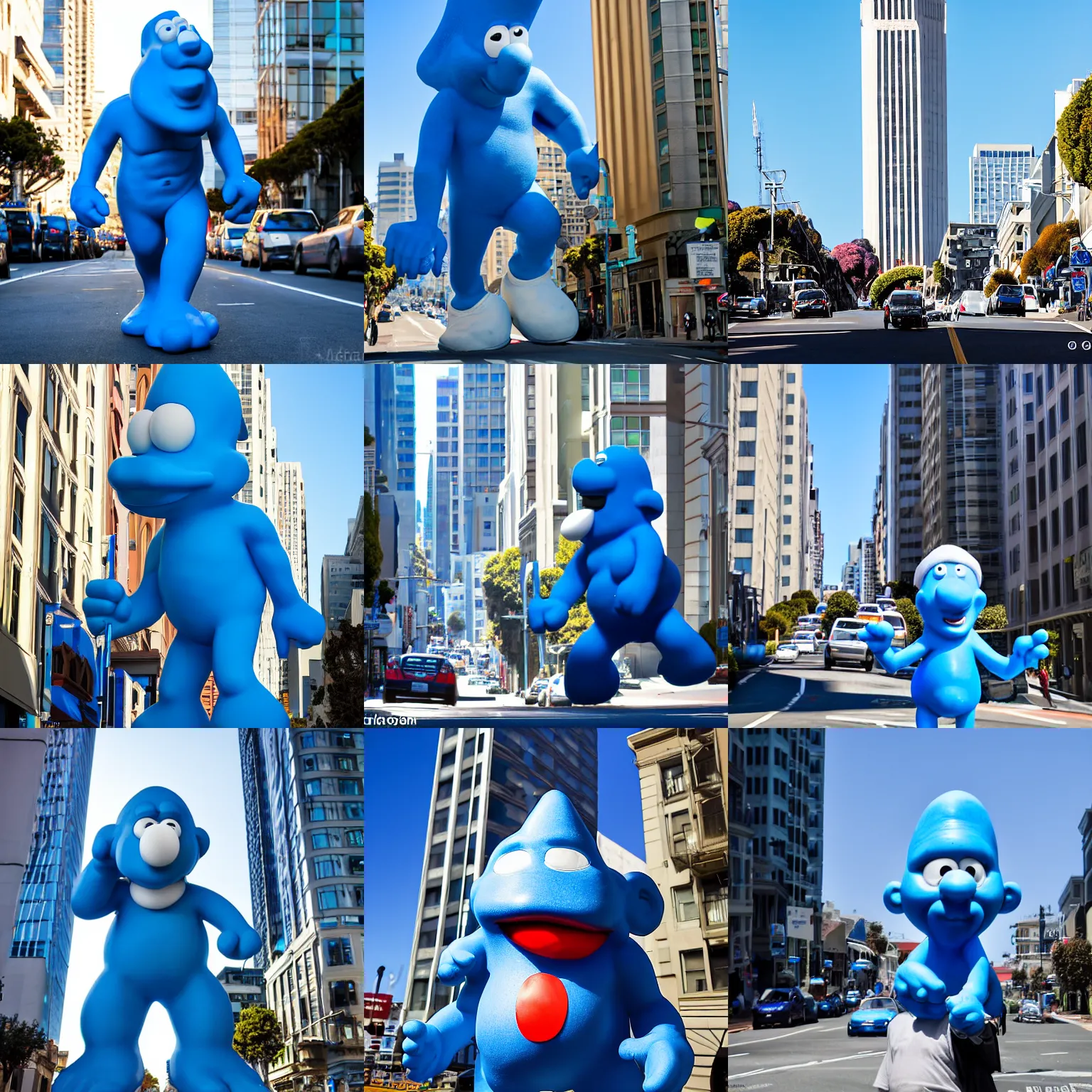 Prompt: giant smurf as big as a skyscraper walking through the streets of san francisco in the morning sun, low light