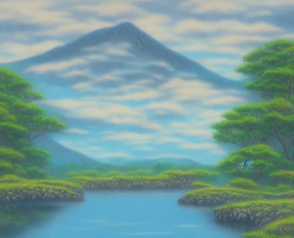 Image similar to a landscape pastel in the style of noriyoshi ohrai and bob ross of a blue reflective path to some misty mountains in the background. along the path stands pillars that reflect in the water. key art. 4 k fantasy