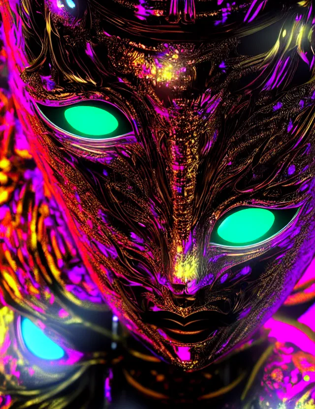 Image similar to highly detailed digital art rendering of a beautiful futuristic iridescent geisha mask with glowing eyes. black background. gritty textures. unreal engine, redshift, blender. psychedelic art. trending on artstation, behance.