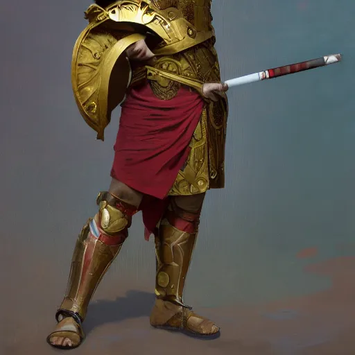 Prompt: Gavin McInnes as a Roman warrior wearing gold and red armor, elegant suit, smoking a cigarette, portrait art by alphonse mucha and greg rutkowski, highly detailed, digital painting, concept art, illustration, dim lighting with twilight rays of sunlight, trending on artstation, very detailed, smooth, sharp focus, octane render