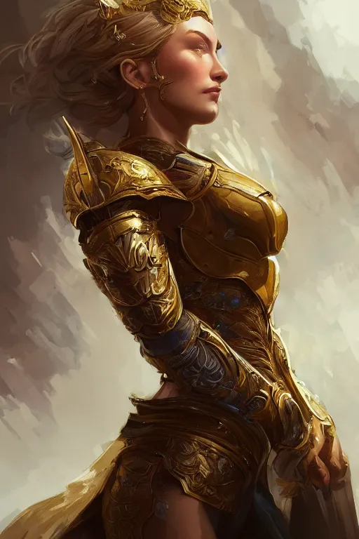 Prompt: three-quarters portrait pose of a beautiful woman, strong body, shining gold armor, human warrior, fantasy, intricate, elegant, highly detailed, digital painting, artstation, concept art, matte, sharp focus,D&D, illustration, art by Stanley Lau