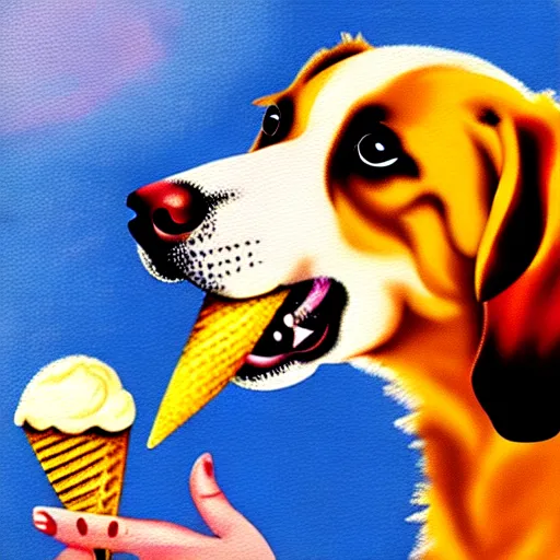 Prompt: painting of a dog eating ice cream