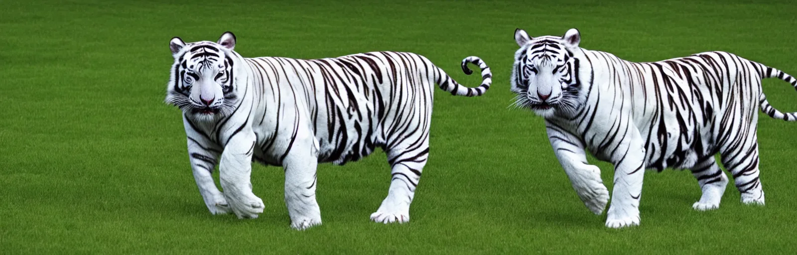 Prompt: White tiger with dark blue stripes, running on short grass