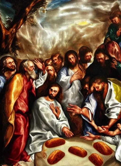 Image similar to Jesus Christ making the miracle of changing bread into fish!!!!! at the wedding of Canaan, I'm the style of El Greco, late Renaissance, hyper realistic, hyper detailed, trending on artstation