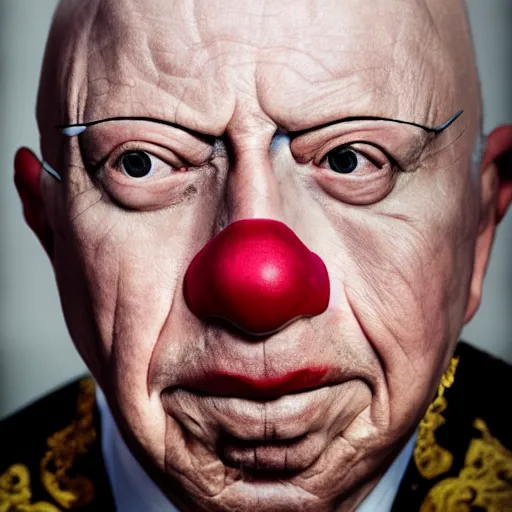 Image similar to UHD candid color photo of Klaus Schwab dressed as dystopian emperor, wearing accurate clown makeup, accurate face, UHD, photorealistic, correct face, photo by Annie Leibowitz