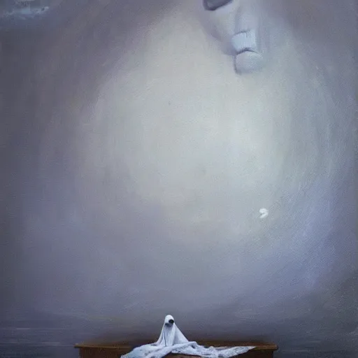 Prompt: ominous bedsheet ghost floating above a lake, oil painting, brush strokes, gloomy misty atmosphere, symmetrical, full body image, highly ornate intricate details,