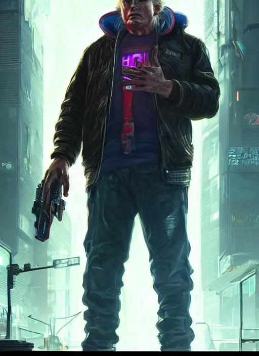 Prompt: portrait of Trump as a homeless character in Cyberpunk 2077, looking at camera, intricate, dystopian, sci-fi, extremely detailed, digital painting, artstation, concept art, smooth, sharp focus, illustration, intimidating lighting, incredible art by artgerm and greg rutkowski and alphonse mucha and simon stalenhag