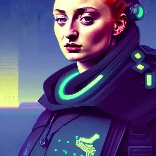Prompt: high quality high detail portrait of a sophie turner as diesel punk character in an futuristic world, techwear, tristan eaton, victo ngai, artgerm, rhads, ross draws, hyperrealism, intricate detailed, alphonse mucha, muted pastel colors, smooth, vintage, artstation