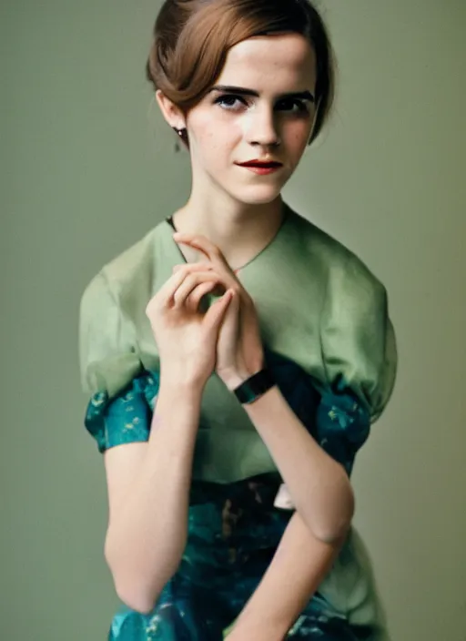 Image similar to Retro color photography 1960s fashion photoshoot of Emma Watson portrait Cinestill 800T, 1/2 pro mist filter, and 65mm 1.5x anamorphic lens