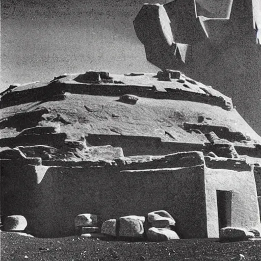 Prompt: photo of ancient alien buildings with non - euclidean geometry taken by the 1 9 3 3 miskatonic university expedition to antarctica