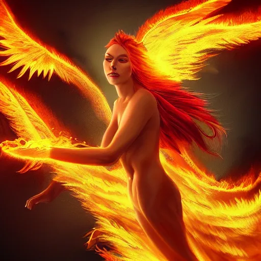 Image similar to detailed portrait of a fiery phoenix woman rising from fire spreading her wings with fiery marks all across her body, magically, magic, fire, realism, ruby, sunlit, dark fantasy, dramatic lighting, cgsociety, artstation