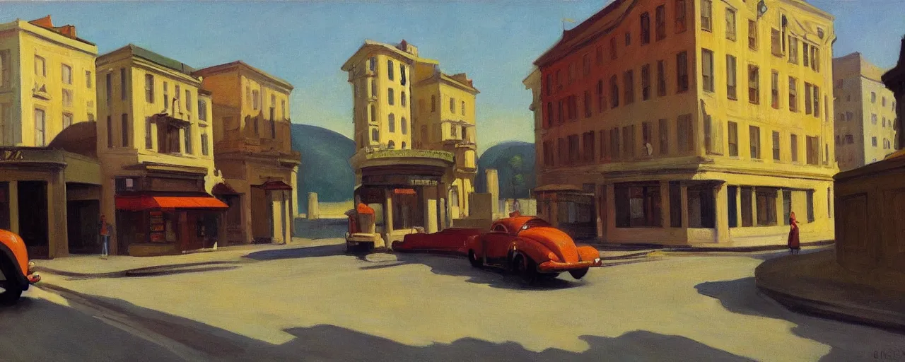 Prompt: an edward hopper style painting of a busy road of ( ( ( ( ( ( ( ( gyor ) ) ) ) ) ) ) ) in hungary, spring, april of 1 9 4 8