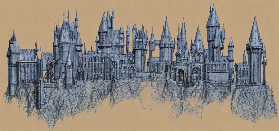 Prompt: blueprints for hogwarts castle, concept art, blueprint,