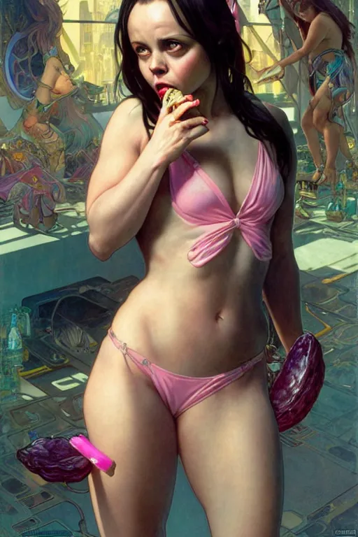 Prompt: christina ricci eating a pickle as a goddess with a massive booty, doing squats in a pink thong bikini, seductive cyberpunk dark fantasy, art by artgerm and moebius and alphonse mucha and greg rutkowski, hyperdetailed, ultrarealistic, octane render