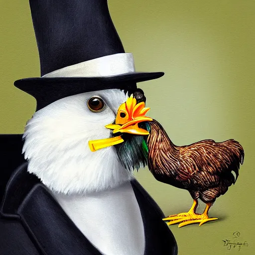 Image similar to a chicken butler with a fancy mustache and a monocle, high detail, digital art,