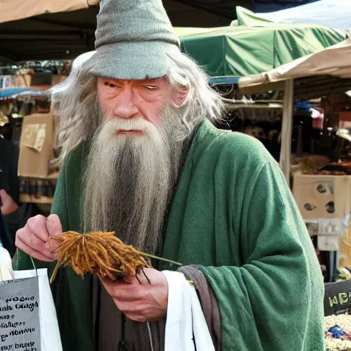 Image similar to Gandalf selling hemp at the farmer's market