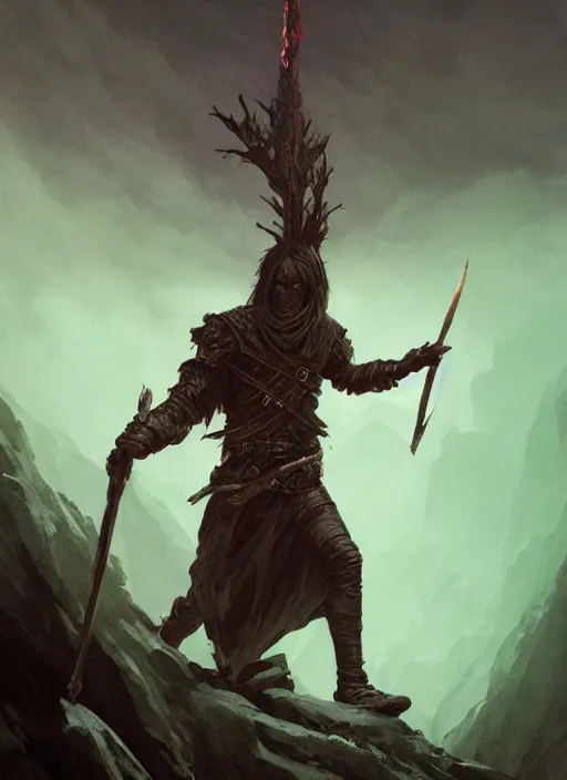 Image similar to a man with a missing an arm wearing a leather cloak while he is holding a spear made entirely of green fire, fearsome, beautiful, DnD character art portrait, mythical creature, male, plate armor, matte fantasy painting, DeviantArt Artstation, by Beeple Gustave Dore Jason Felix by Steve Argyle by Tyler Jacobson by Peter Mohrbacher, cinematic lighting, dramatic lighting, cinematic, establishing shot, extremely high detail, photo realistic, cinematic lighting, post processed, concept art, artstation, matte painting, style by eddie mendoza, raphael lacoste, alex ross,