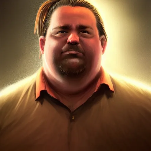 Image similar to portrait of a half fatman half pig with long hair tied in a ponytail, light stubble with red shirt eats kebab ,digital art,photorealistoc,art by greg rutkowski,hyperdetailed,western comic style,comic,comic style,sharp lineart,professional lighting,deviantart,artstation,trevor henderson,rossdtaws,cinematic,dramatic