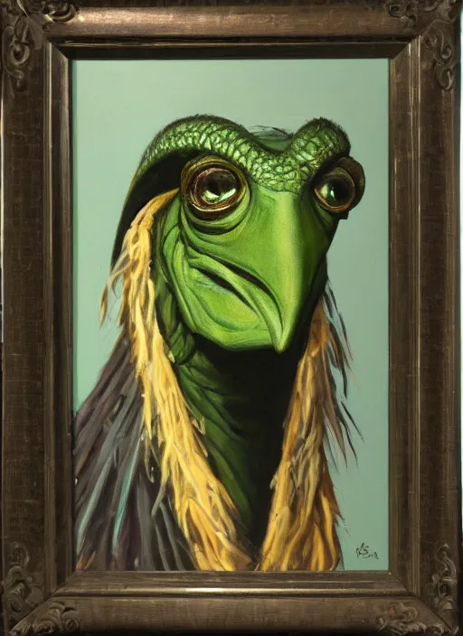 Image similar to oil painting portrait of chamberlain the skeksis from dark crystal ( 1 9 8 2 )