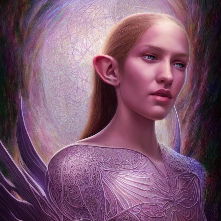 Image similar to elvish princess, science fiction, extremely detailed, sharp focus, pastel colors, intricate, realistic, smooth, volumetric lighting, digital painting, by eric stanton, by alex grey, by santiago calatrava