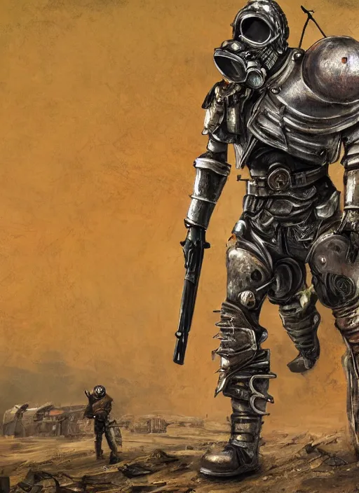 Image similar to a detailed painting of a man in post apocalyptic modern armour and a helmet walking around a wasteland holding a modified shotgun. hd. 1 9 5 0 s painting style. detailed background