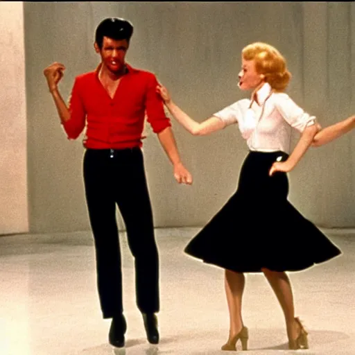 Image similar to Still of Grease (1976) with a tap dance by Fred Astaire and Ginger Rogers, cinematic, technicolor.