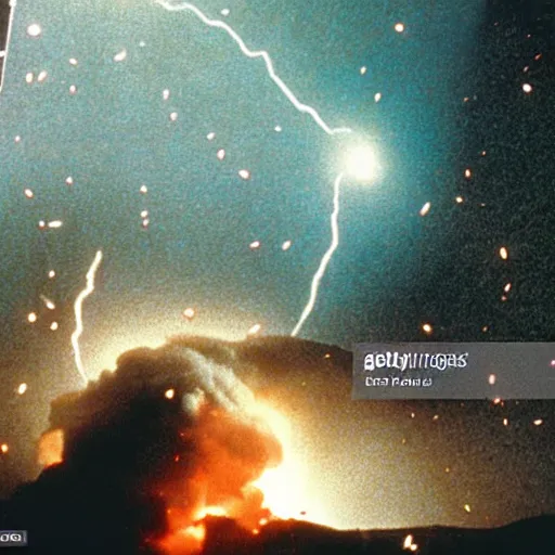 Prompt: Photo of the last day of the world. Meteors falling and destroying cities. explotions, destruction. news photography, cinematic still from Deep Impact