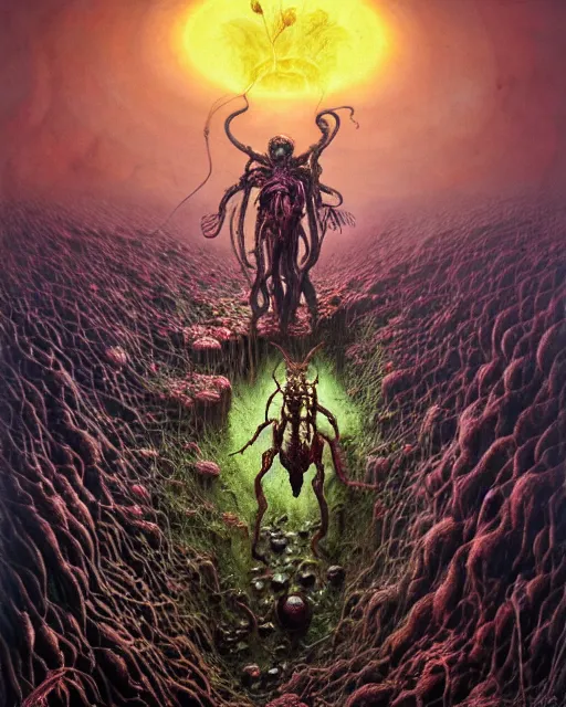Prompt: the platonic ideal of flowers, rotting, insects and praying of cletus kasady carnage thanos dementor wild hunt chtulu mandelbulb schpongle doctor manhattan bioshock xenomorph akira, ego death, decay, dmt, psilocybin, concept art by randy vargas and zdzisław beksinski