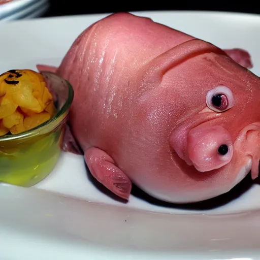 Prompt: blobfish served at a restaurant