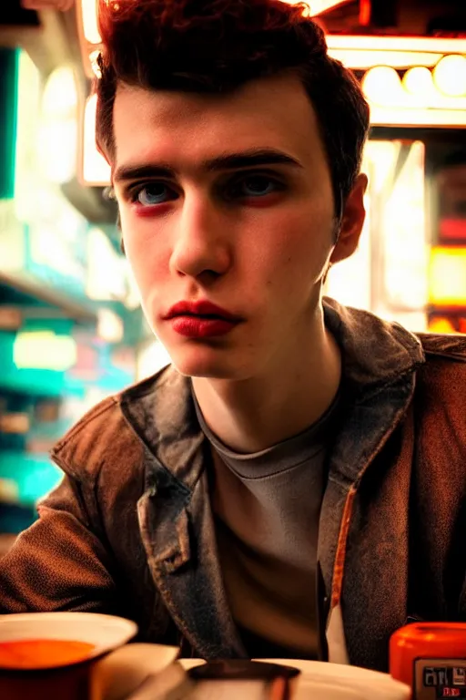 Image similar to an ultra high definition telephoto portrait cyberpunk 7 0 s diner film set photograph of a young man with short messy brown hair triangle head puffy cheeks narrow chin high cheek bones asymmetrical face. wide angle close up. three point lighting. volumetric. refraction. imagined detail. soft focus ambient light sources. haze, light glare, art directed. filmic.