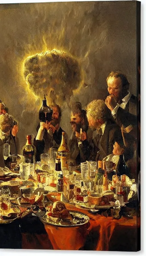 Prompt: still life painting of nuke explosion ruining a birthday party, by Peder Krøyer, dramatic lighting, epic, gargantuan, intricate detail, canvas print
