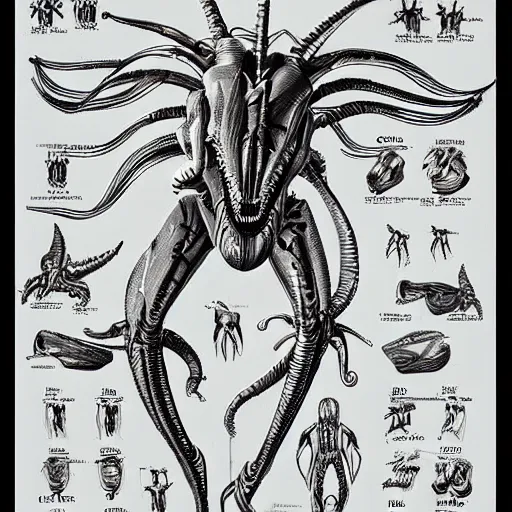 Prompt: xenomorph stages diagram by Leonardo da Vince