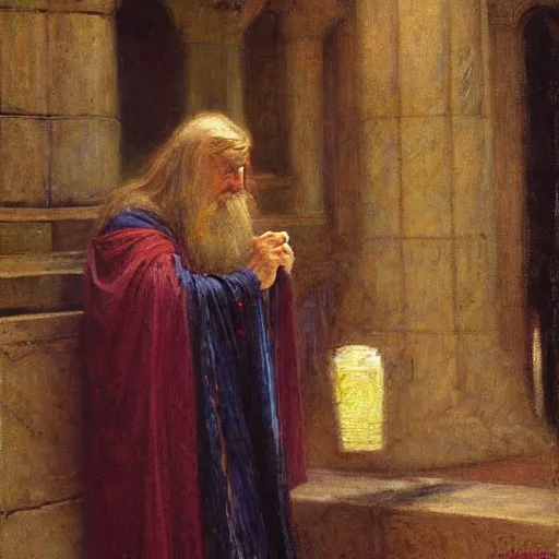 Prompt: academic painting of a wizard by john william waterhouse and Edwin Longsden Long and Theodore Ralli and gaston bussiere. Cinematic, hyper realism, dramatic lighting, high detail 8k