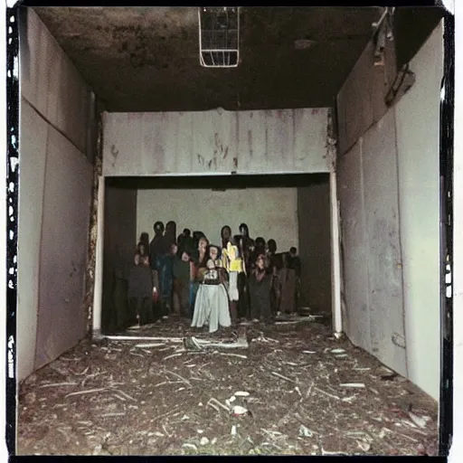 Image similar to creepy religious cult in abandoned warehouse, 1990s Polaroid photo, scary