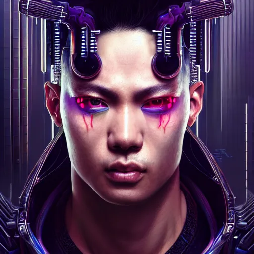 Image similar to portrait painting of a cyberpunk jackson wang, ultra realistic, concept art, intricate details, eerie, highly detailed, photorealistic, octane render, 8 k, unreal engine. art by artgerm and greg rutkowski and magali villeneuve and alphonse mucha