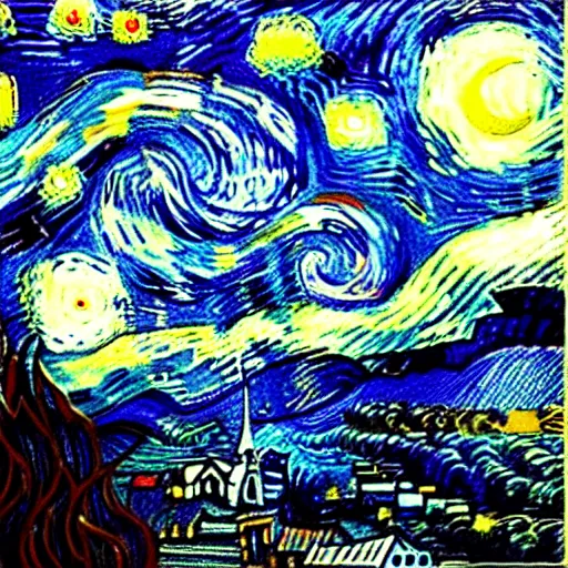 Image similar to Starry night in the style of edward gorey, masterpiece, high quality, digital art