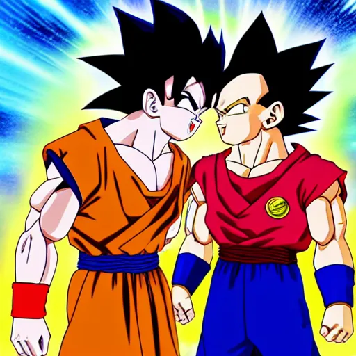 Prompt: goku and vegeta kissing, 4 k, in the style of dragon ball z