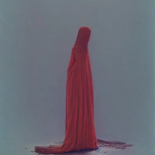 Prompt: a clothed woman posing, wearing clothes,feeling of surrender, by Zdzislaw Beksinski and Marat Safin