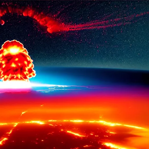 Image similar to nuclear explosion from space, neon lights, fire